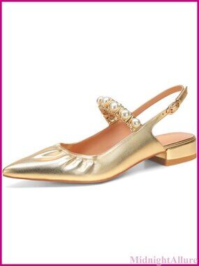 Faux Leather Slingback Pointed Toe Flat with Pearl Buckle Strap